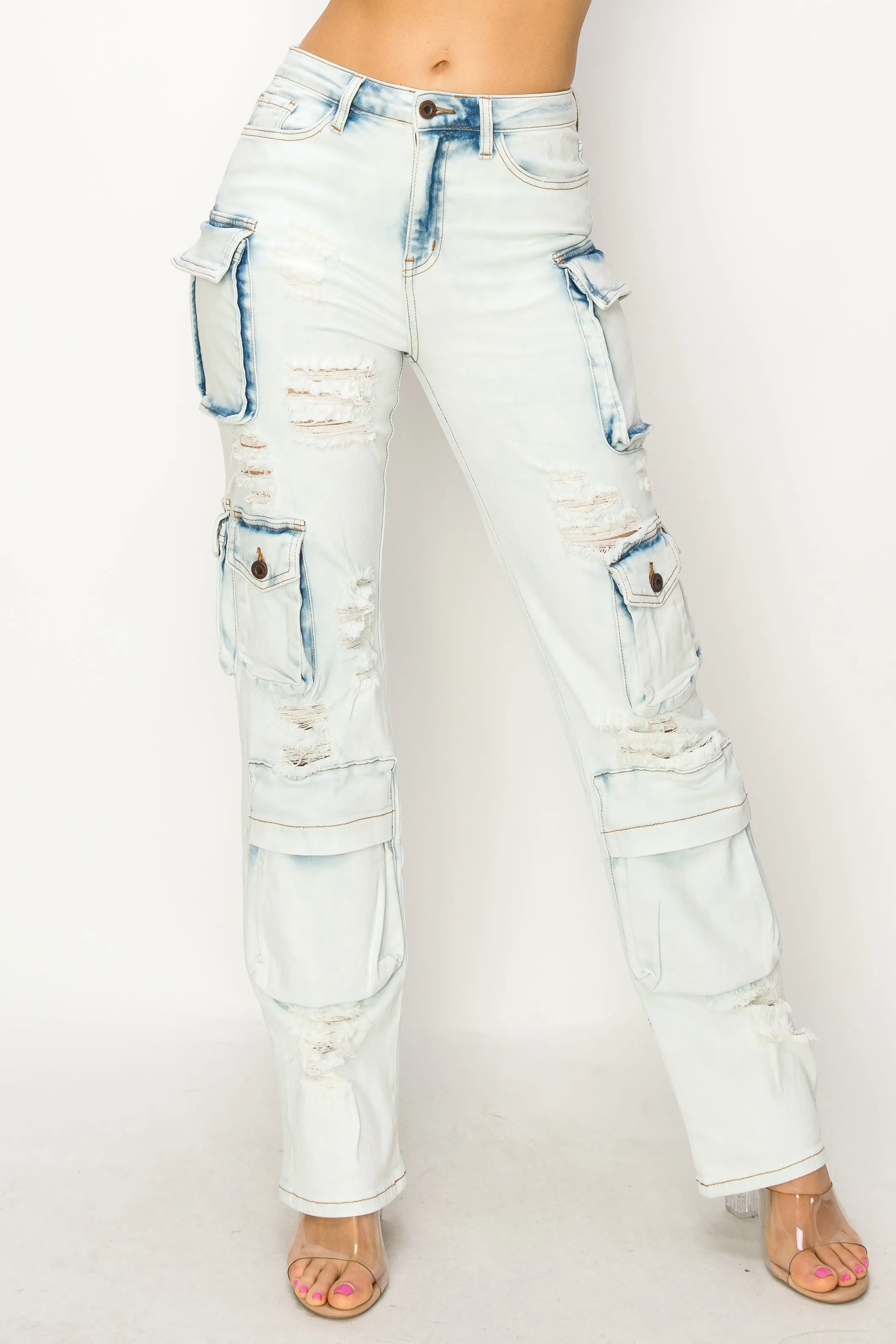 40575 Women's Mid Rise washed Down Cargo Jeans