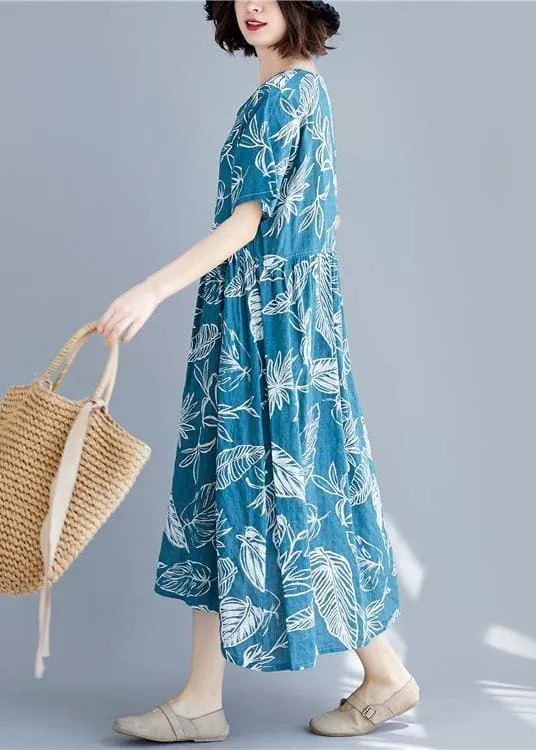 Beautiful blue print linen clothes For Women v neck Cinched cotton summer Dresses