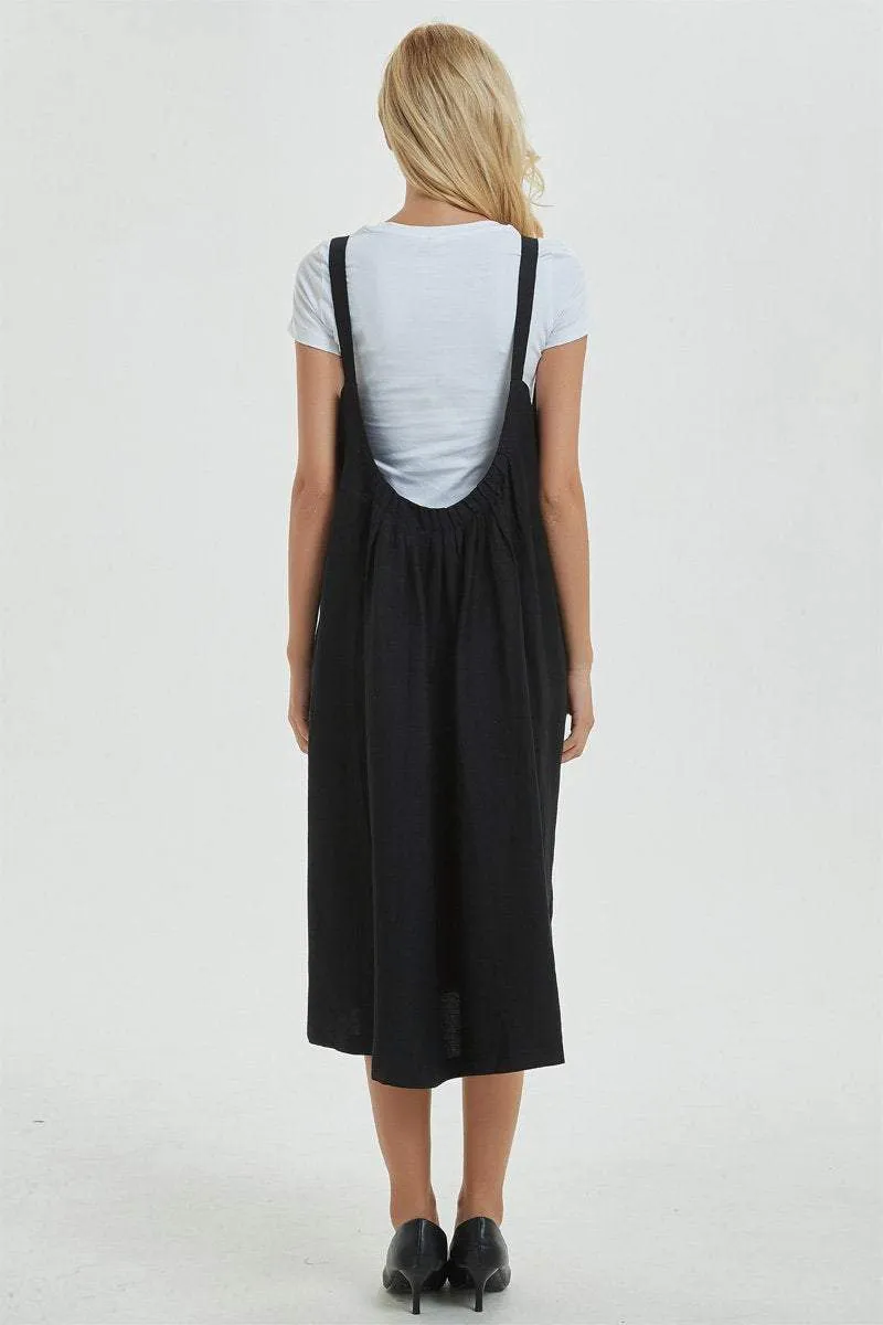 black pinafore dress, linen dress, loose and casual dress for womens- plus size &  sleeveless dress with pockets, cuatom fashion dress C1287