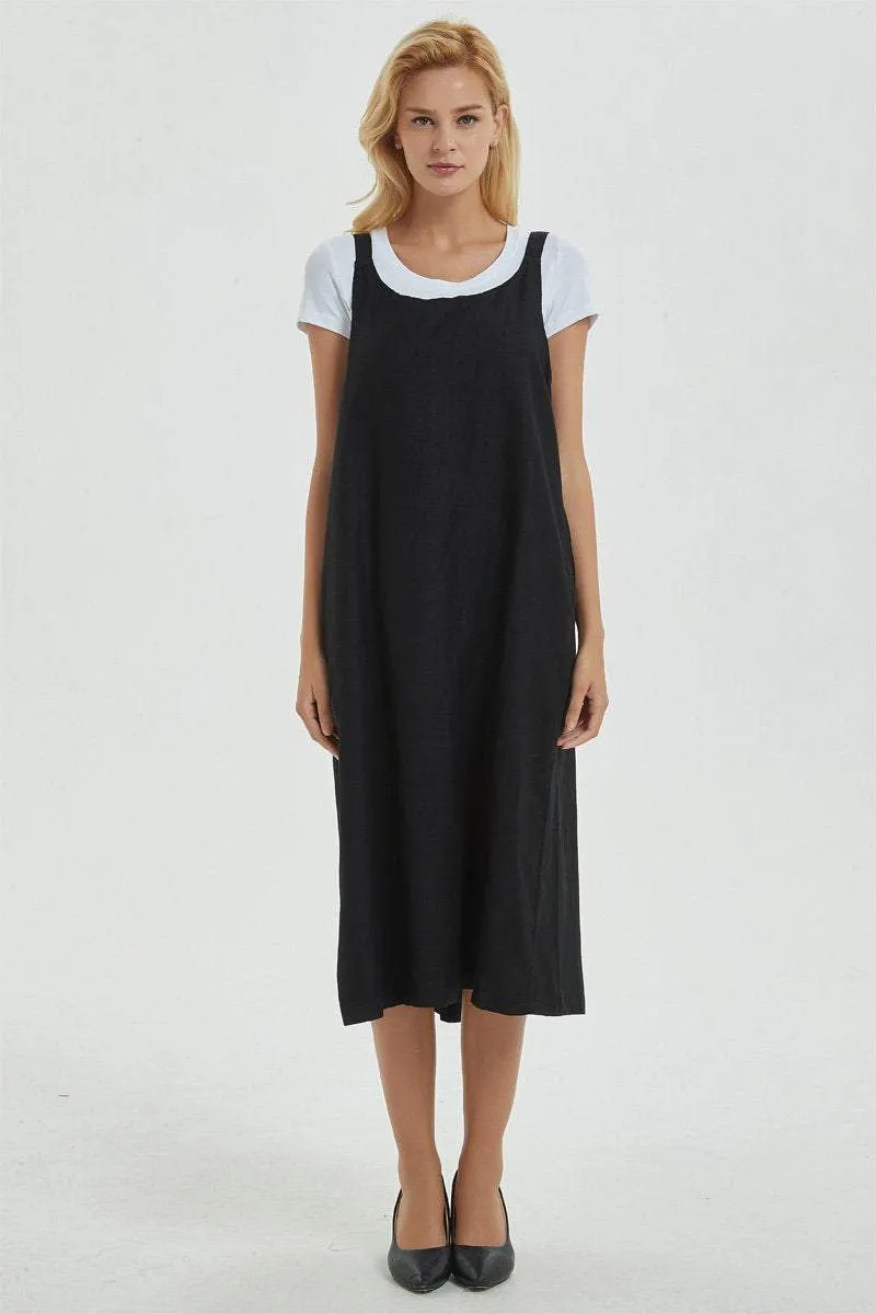 black pinafore dress, linen dress, loose and casual dress for womens- plus size &  sleeveless dress with pockets, cuatom fashion dress C1287