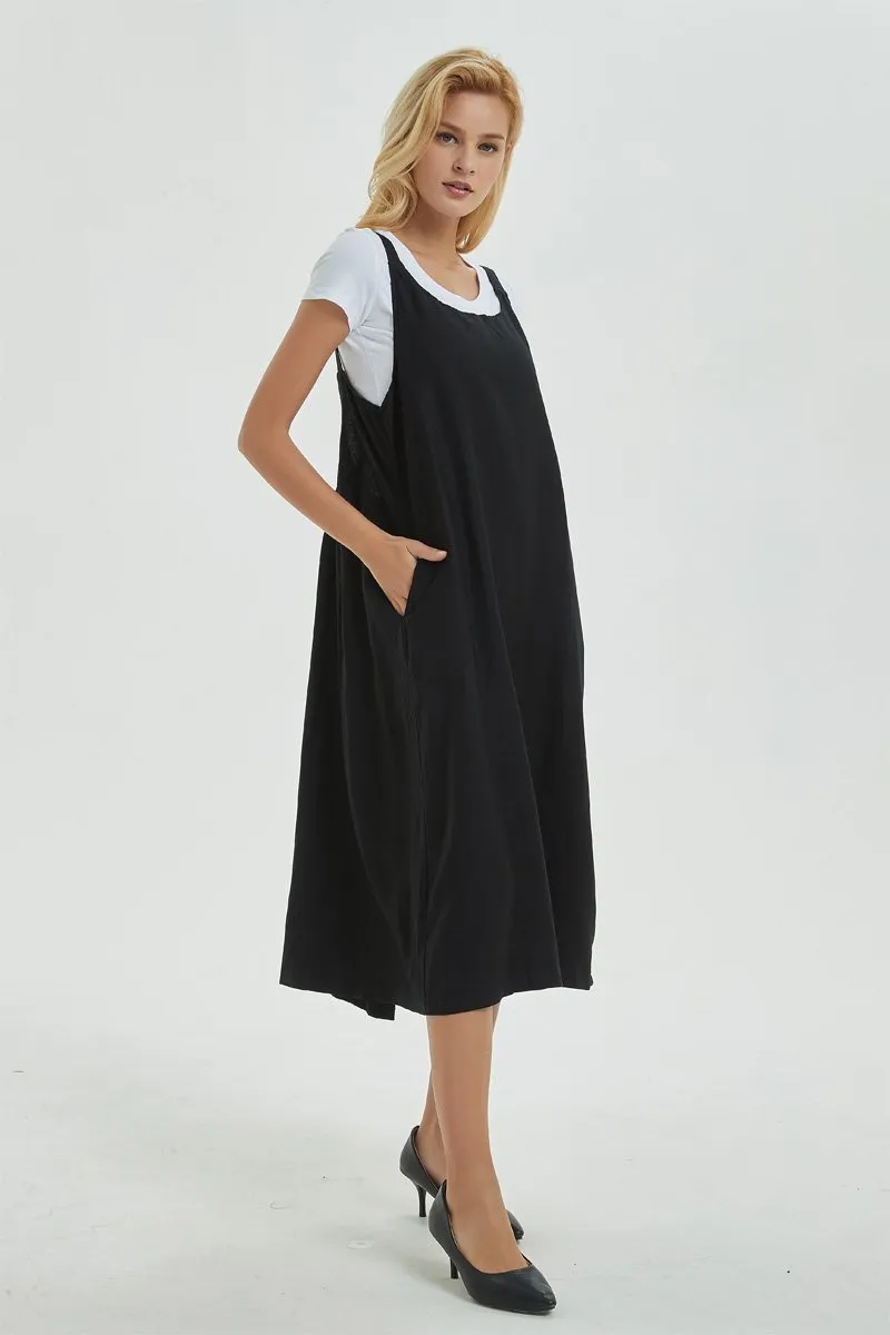 black pinafore dress, linen dress, loose and casual dress for womens- plus size &  sleeveless dress with pockets, cuatom fashion dress C1287