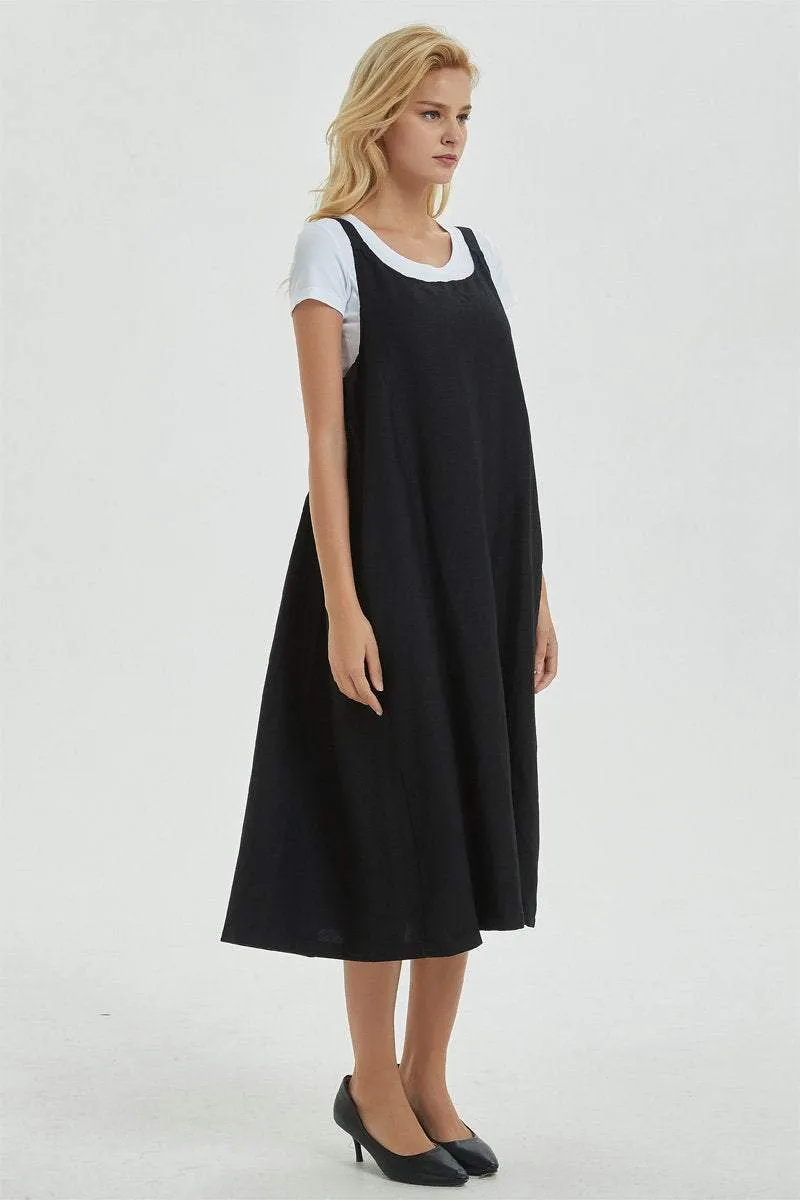black pinafore dress, linen dress, loose and casual dress for womens- plus size &  sleeveless dress with pockets, cuatom fashion dress C1287