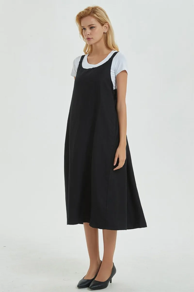 black pinafore dress, linen dress, loose and casual dress for womens- plus size &  sleeveless dress with pockets, cuatom fashion dress C1287