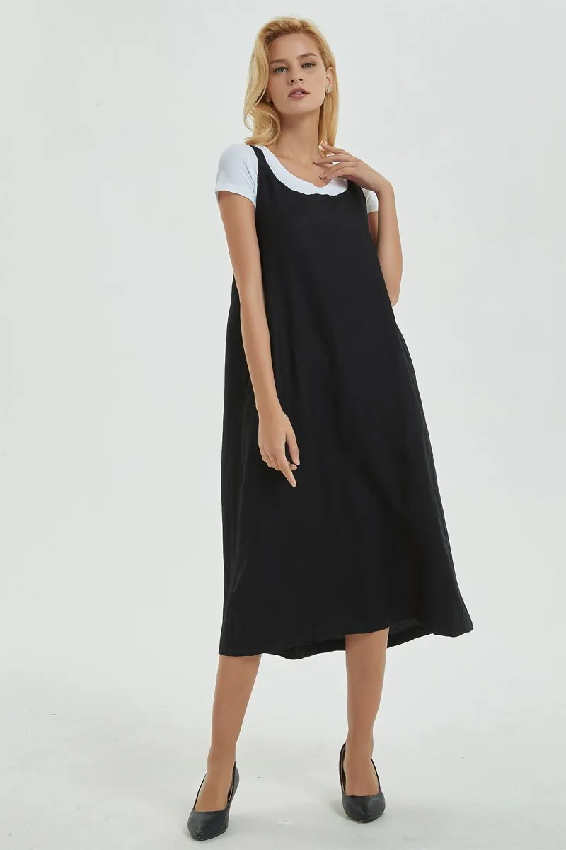 black pinafore dress, linen dress, loose and casual dress for womens- plus size &  sleeveless dress with pockets, cuatom fashion dress C1287