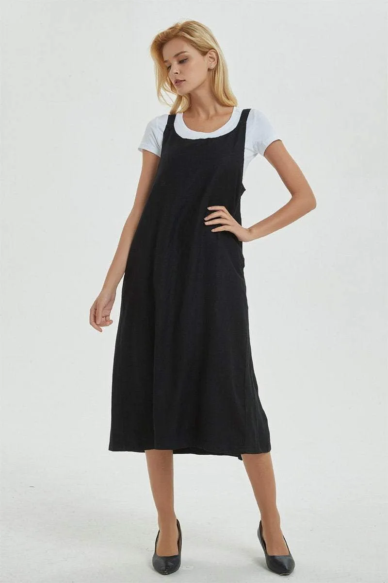 black pinafore dress, linen dress, loose and casual dress for womens- plus size &  sleeveless dress with pockets, cuatom fashion dress C1287