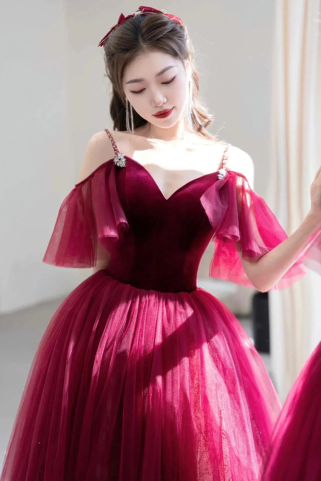 Burgundy A-Line Spaghetti Strap Velvet and Tulle Long Prom Dress,  V-Neck Formal Evening Dress