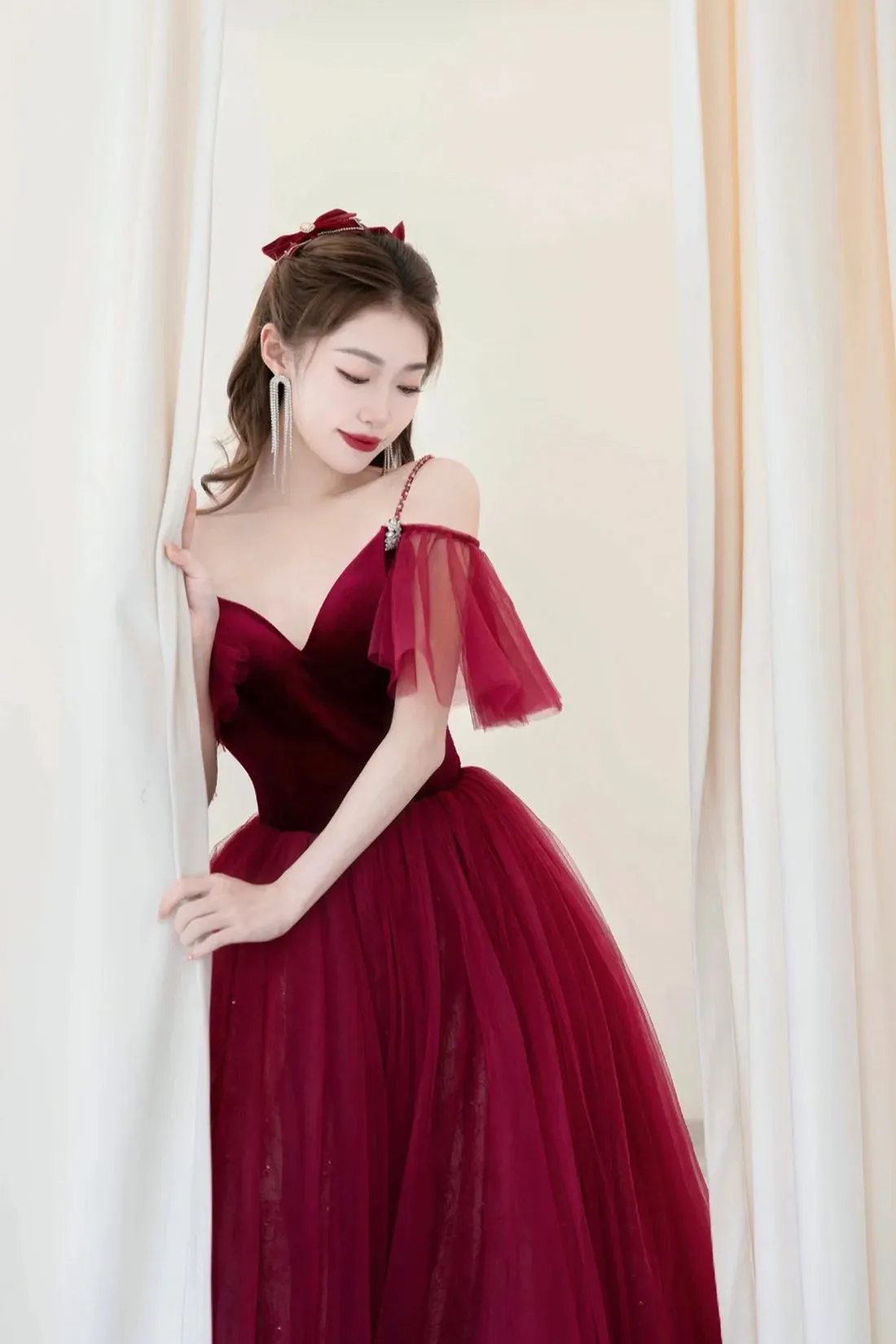 Burgundy A-Line Spaghetti Strap Velvet and Tulle Long Prom Dress,  V-Neck Formal Evening Dress