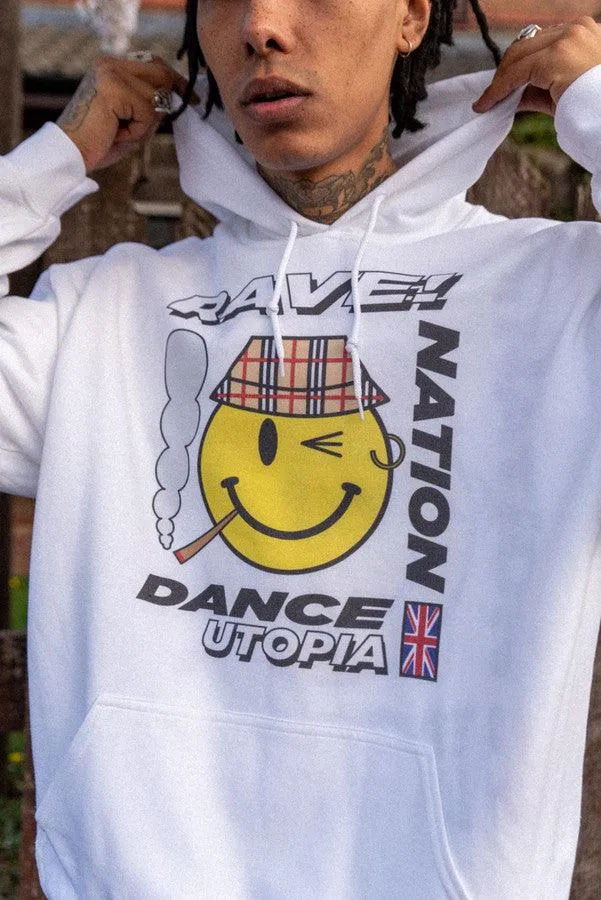 Heavyweight Hoodie in White With Rave Nation Print