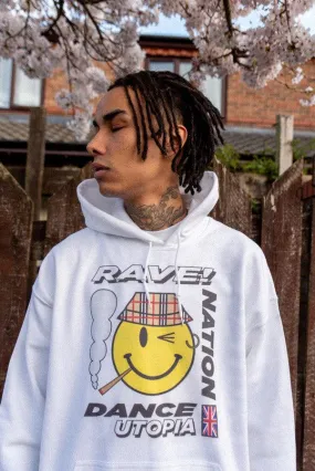 Heavyweight Hoodie in White With Rave Nation Print
