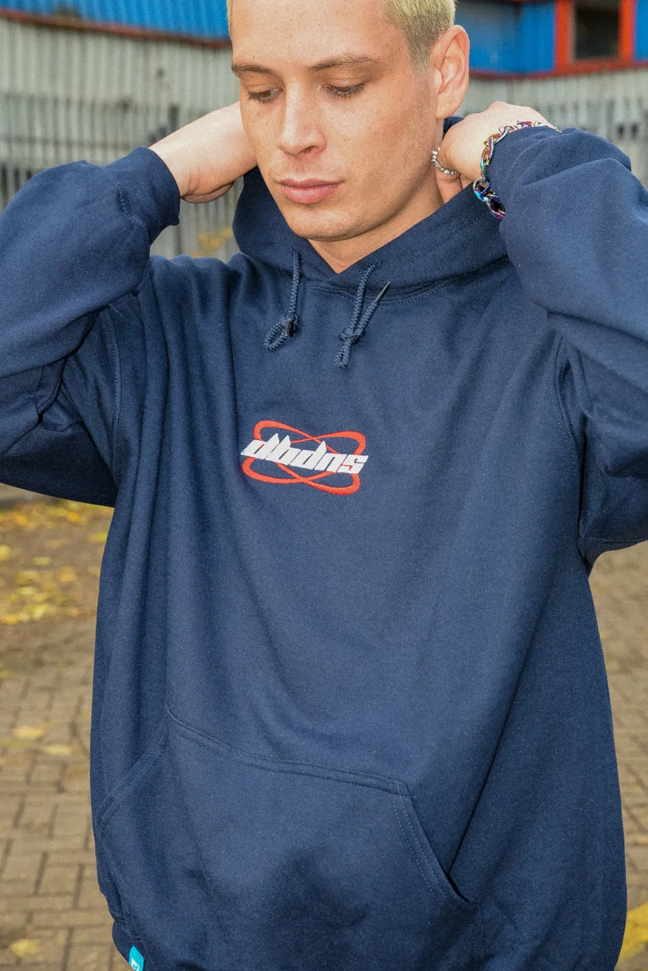 Hoodie in Navy With Futuristic Logo Embroidery