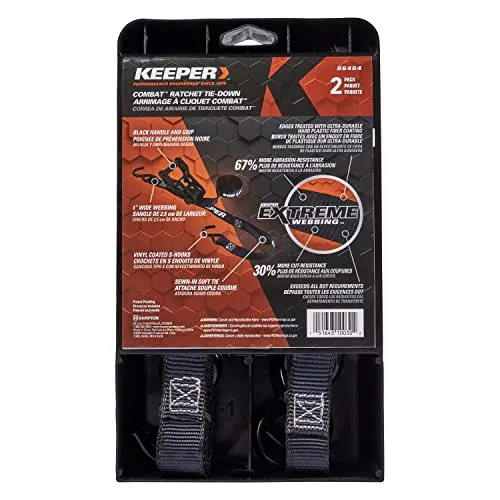 KEEPER 14' Combat Ratchet Tie Down Straps, 2 Pack - Heavy Duty Tie Downs for Cargo with Extreme Webbing - 500 lb. Working Load Limit, Black (85454)