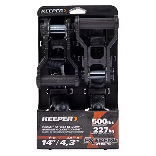 KEEPER 14' Combat Ratchet Tie Down Straps, 2 Pack - Heavy Duty Tie Downs for Cargo with Extreme Webbing - 500 lb. Working Load Limit, Black (85454)