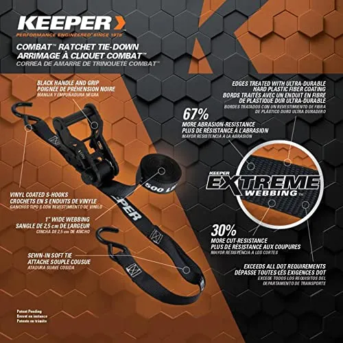 KEEPER 14' Combat Ratchet Tie Down Straps, 2 Pack - Heavy Duty Tie Downs for Cargo with Extreme Webbing - 500 lb. Working Load Limit, Black (85454)