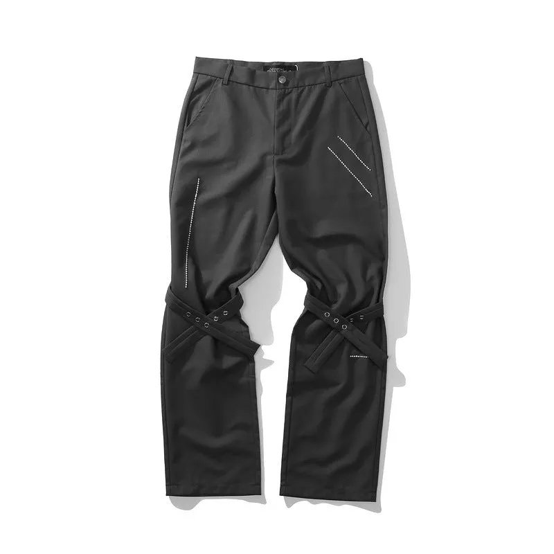 Man Fall Outfits Cargo Pants Ribbon Straight-Leg Trousers Hot Drilling Overalls Loose Flared Suit Pants for Men and Women