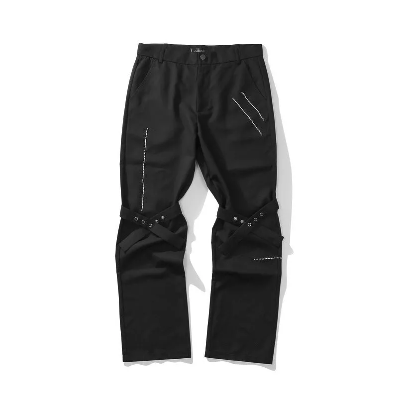 Man Fall Outfits Cargo Pants Ribbon Straight-Leg Trousers Hot Drilling Overalls Loose Flared Suit Pants for Men and Women