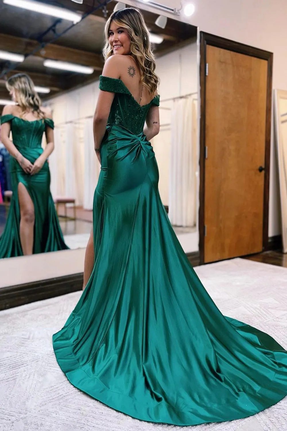 Mermaid Satin Lace Long Prom Dress, Off Shoulder Formal Evening Dress