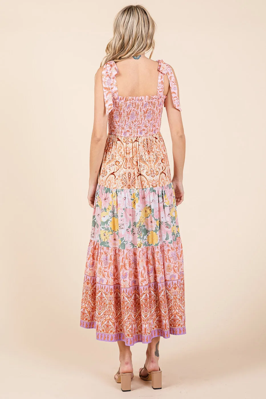 Mittoshop Tube Patchwork Border Print Midi Dress - Pink Combo