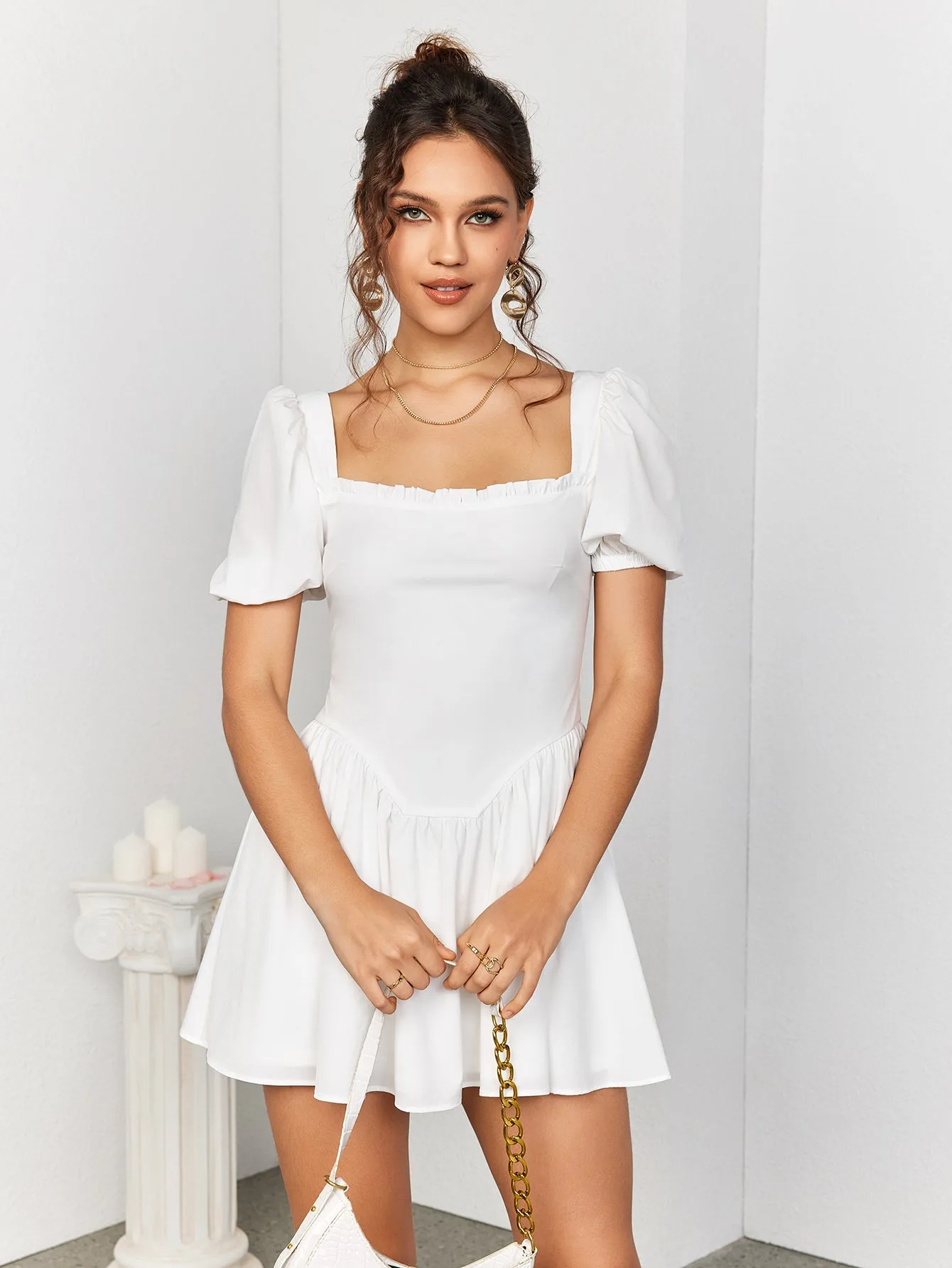 Puff Sleeve Zipper Back Mini Dress