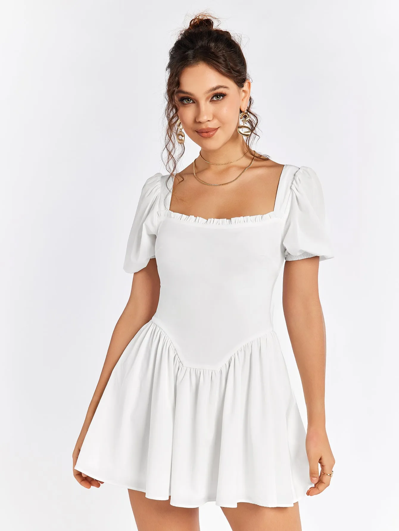 Puff Sleeve Zipper Back Mini Dress