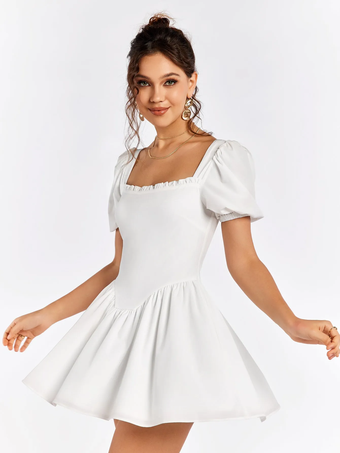 Puff Sleeve Zipper Back Mini Dress
