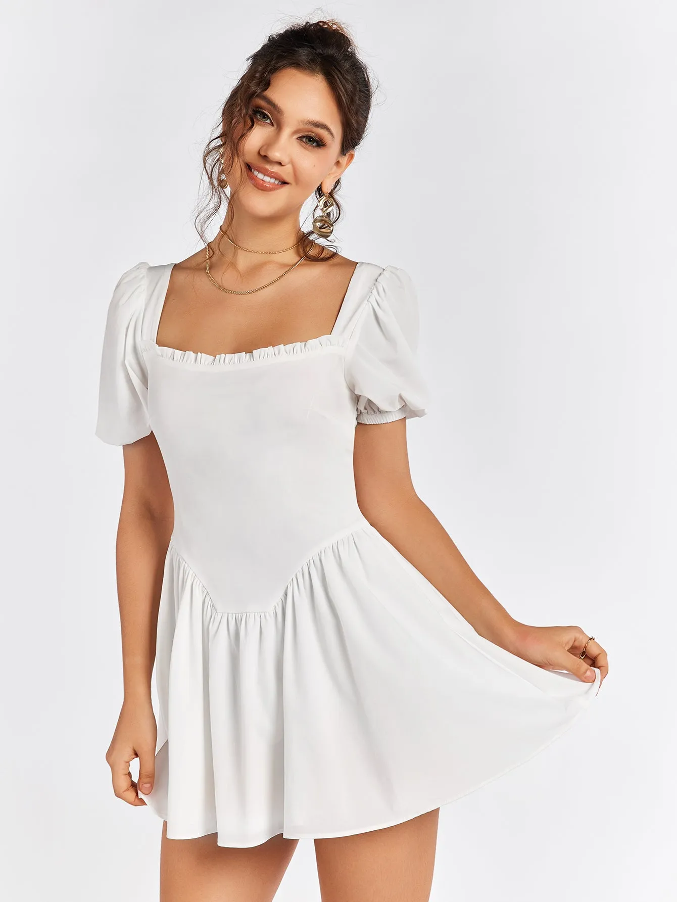 Puff Sleeve Zipper Back Mini Dress