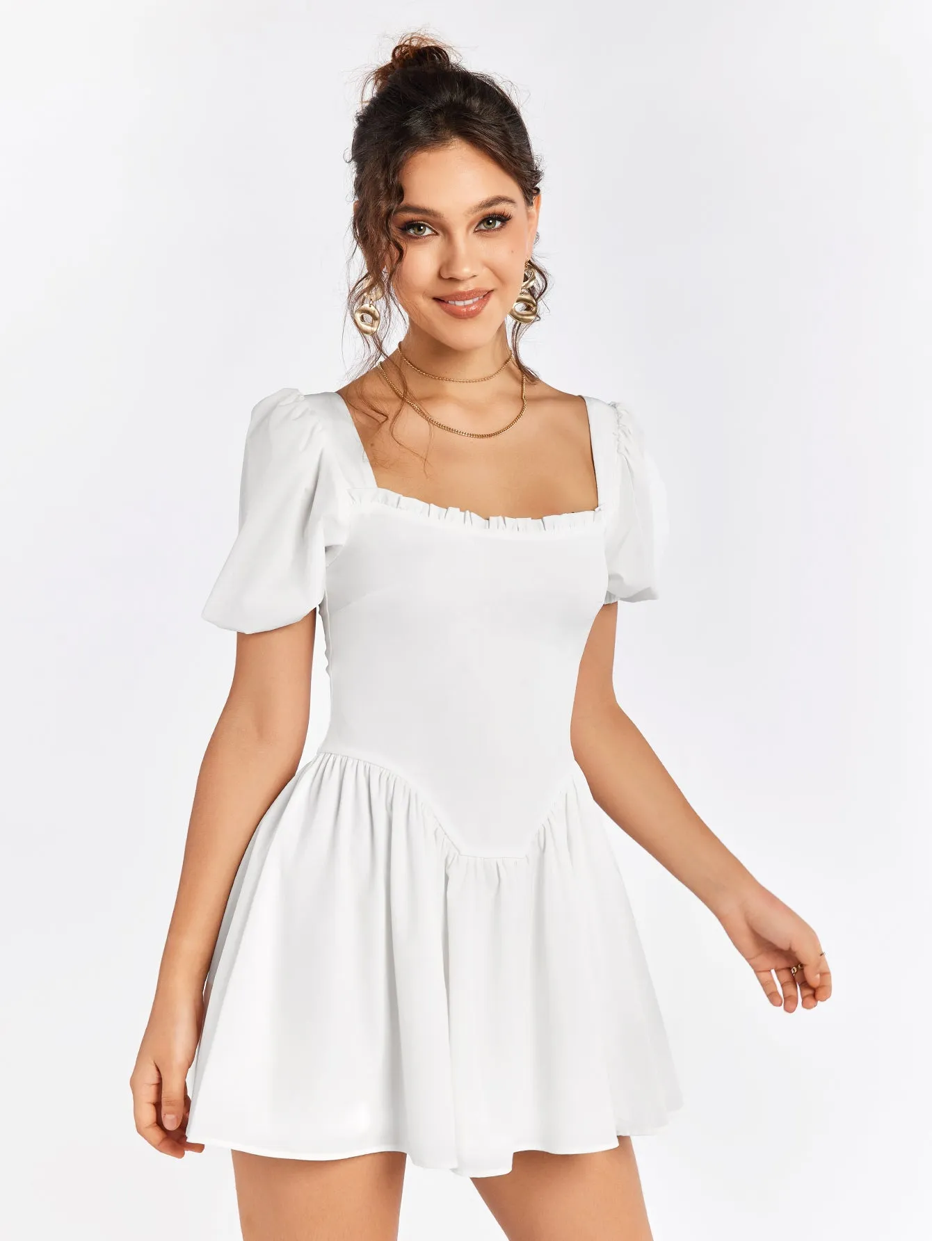 Puff Sleeve Zipper Back Mini Dress
