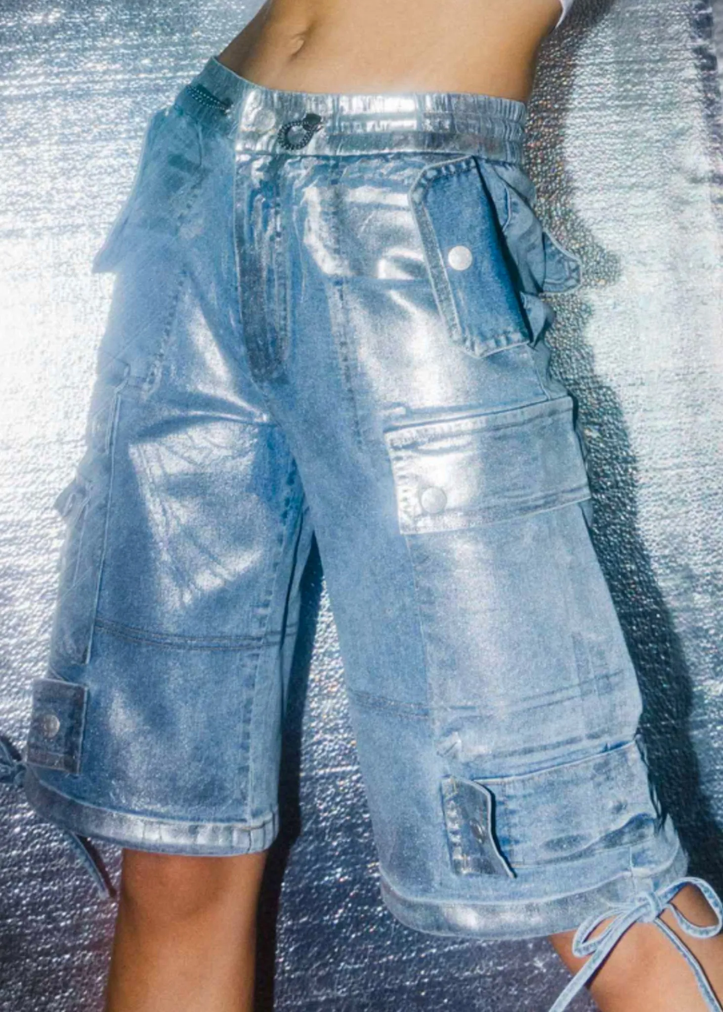 Rosie, Metalic Denim Cargo Shorts, Silver