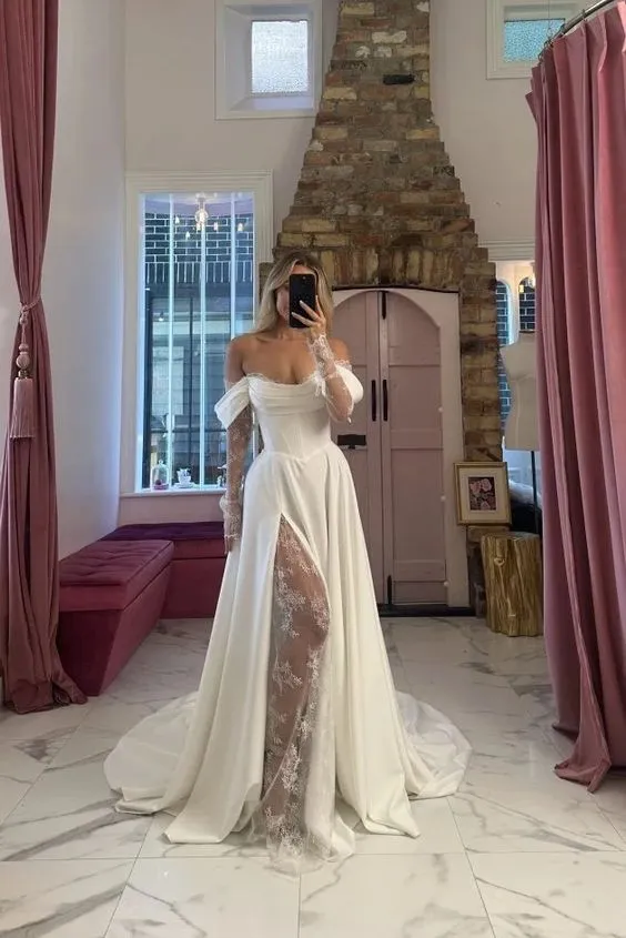 Sexy Slit Off Shoulder Sleeve Wedding Dress