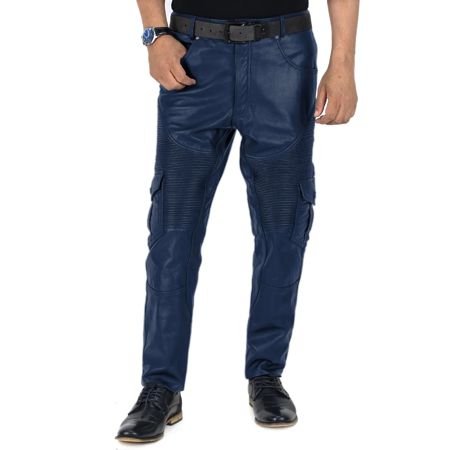 Ylira Men's Blue Leather Cargo Pants